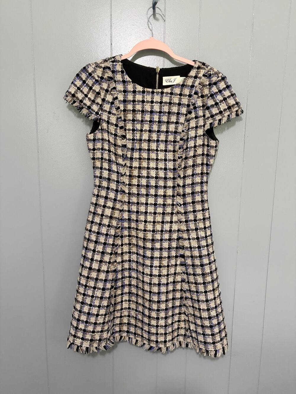 Eliza J Cream Purple Plaid Tweed Cap Sleeves Preppy Classic A-line Dress 4P